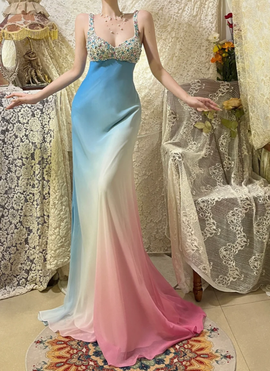 Unique Spaghetti Straps Ombre Chiffon Beaded Mermaid Long Evening Dress Birthday Prom Gown