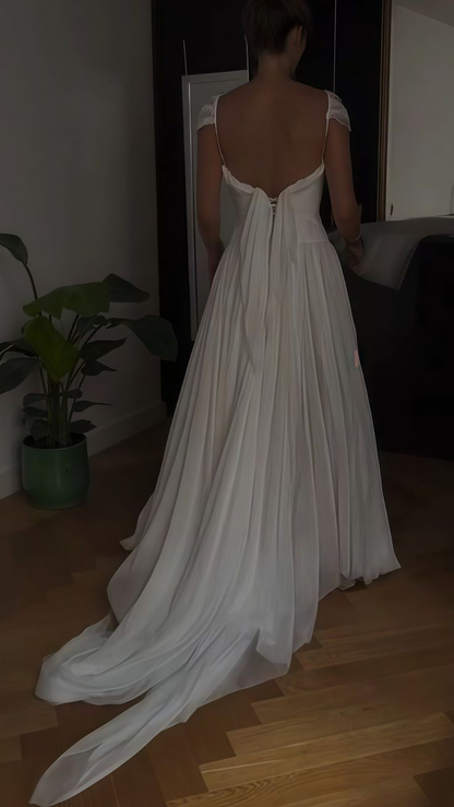 Classy V Neck White Chiffon Long Wedding Dress Bridal Dress D1922