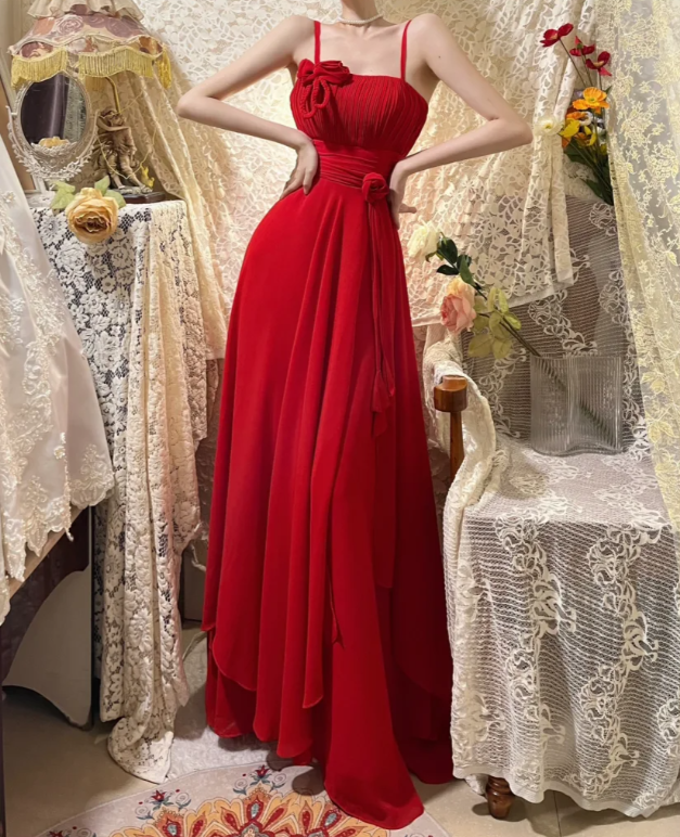 Charming Spaghetti Straps Red Chiffon A Line Long Wedding Guest Dress Evening Dress Dress D21112