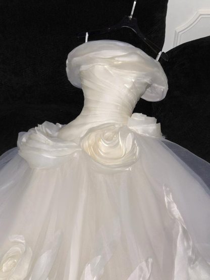 Cute Off White Organza 3D Flowers Ball Gown Long Wedding Dress