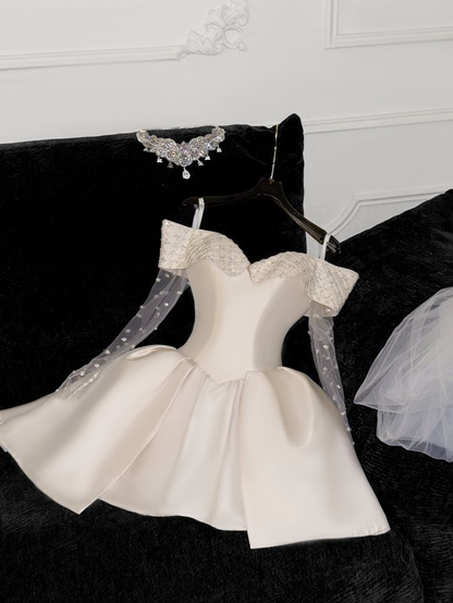 Classy Light Champagne Satin Off The Shoulder Birthday Outfits Homecoming Dress S225