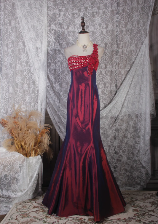 Pretty Burgundy One Shoulder Satin Mermaid Long Party Dress Prom Dress D2246