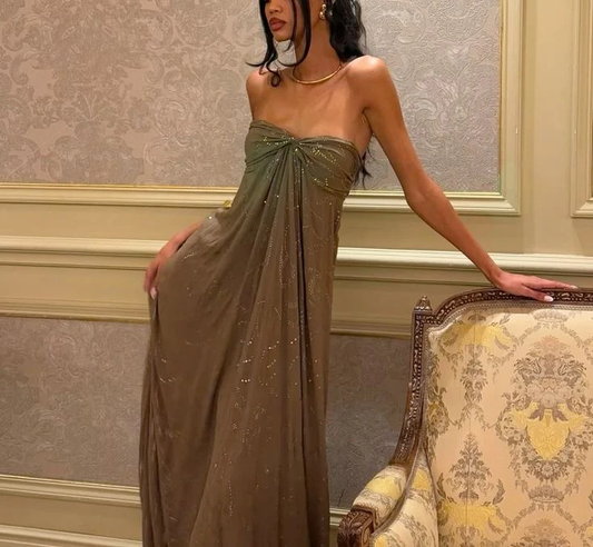 Vintage Matcha Green Strapless Satin Sequin Mermaid Evening Dress Long Birthday Party Gown
