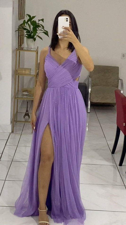 V Neck A Line Straps Lilac Long Party Dress Evening Gown With Slit       S6732