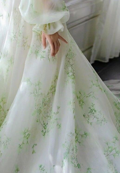 Green wedding dress, Bohemian wedding dress, Romantic wedding dress, Long Sleeve Dress     S6644