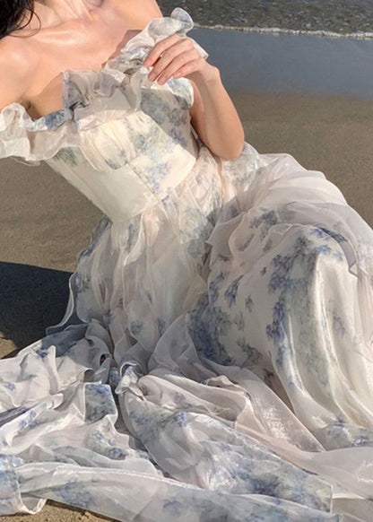 Fashion Ruffled Print Chiffon Long Dresses       S6642