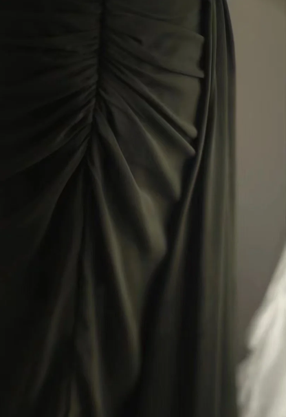 Vintage Green Spaghetti Straps Satin Beaded Mermaid Slit Long Evening Dress Party Gown