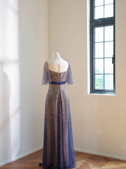 Glitter Navy Blue V Neck Tulle Sequin Beaded A Line Birthday Party Dress Long Evening Dress D2166