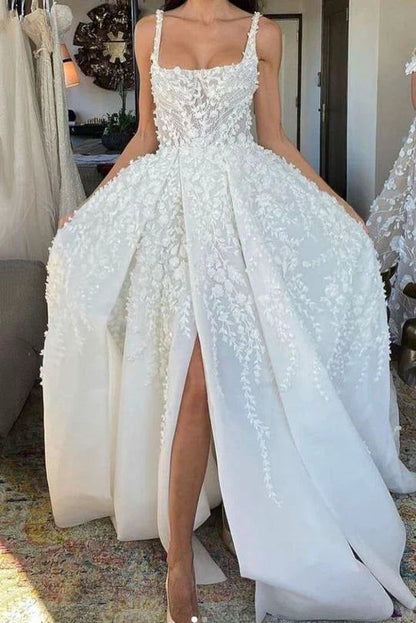 A Line Straps Long Wedding Dress with Lace Appliques, Gorgeous Bridal Gown with Slit       S6738