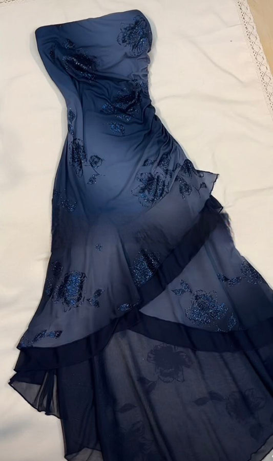 Vintage Navy Strapless Ruffles Chiffon Long Party Dress Evening Gown       S6729