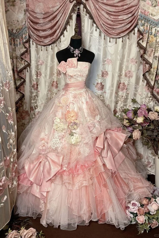 Vintage Light Pink Ball Gown Strapless Floral Layered Organza Prom Dress 16th Birthday Dress