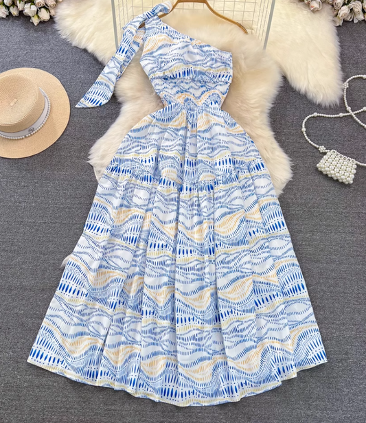 Light luxury temperament oblique collar off-shoulder waist A-line print large swing dress elegant long skirt R0393