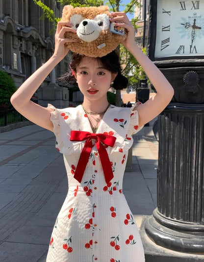 White baby doll collar cute style cherry print waist slim fit short skirt homecoming dress R4043