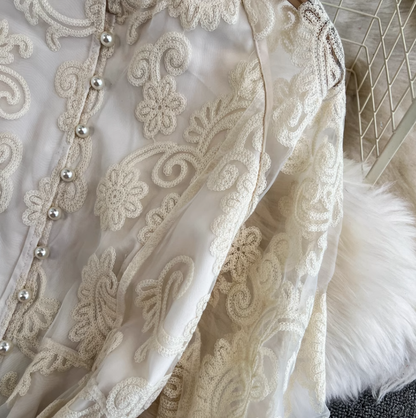 French elegant hollow embroidery dress Tutu skirt lace waist temperament fairy holiday style long skirt R0310