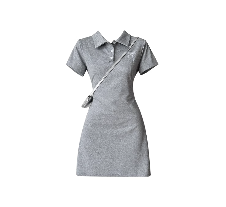 Grey college style bow embroidered Polo collar dress casual slim fit temperament A-line skirt R0109