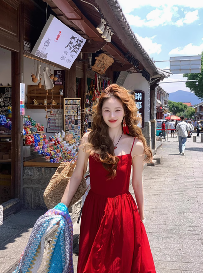 Yunnan Dali wear French red suspender dress with backless seaside vacation photo skirt R0217