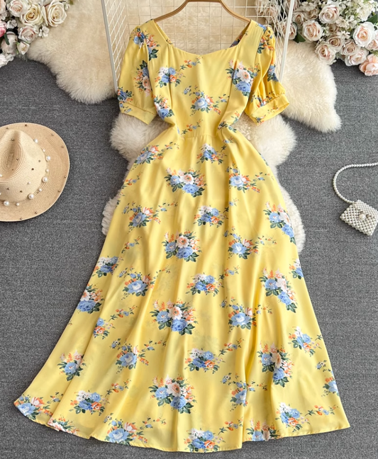 French lady temperament lady short sleeve square collar waist slim a-line print dress elegant long skirt R0406