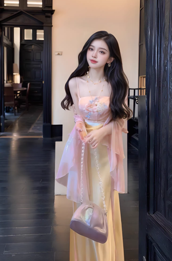 Gentle and elegant pink jacquard suspender dress with slim waist and hip skirt R0485