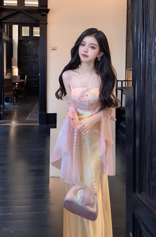 Gentle and elegant pink jacquard suspender dress with slim waist and hip skirt R0485