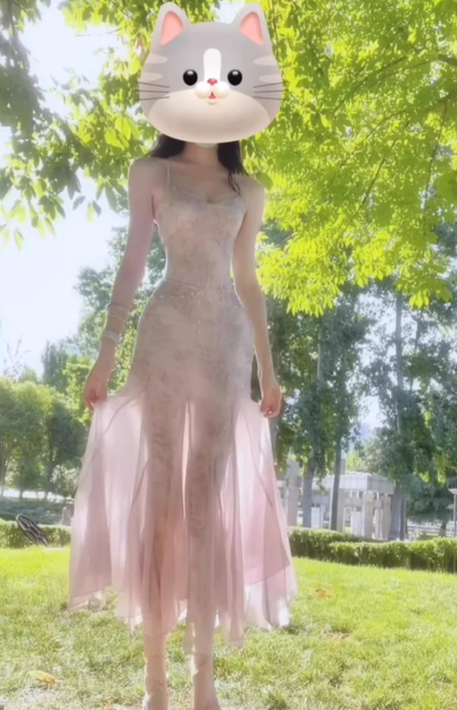 Tea break French floral suspender dress new style holiday style slim fit figure temperament long dress R0474