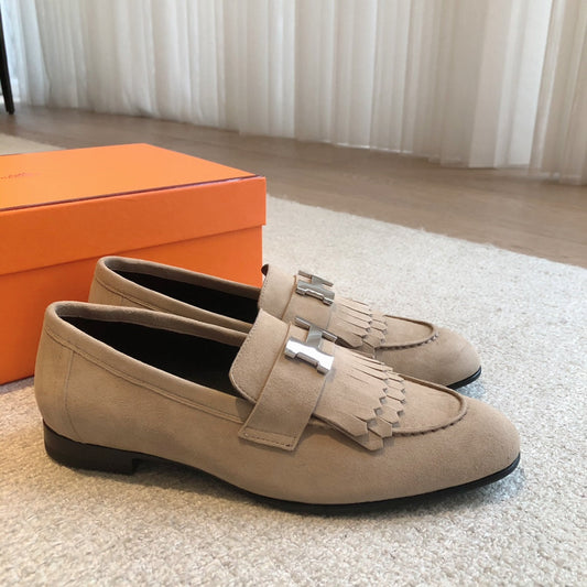 Royal Loafer Beige Suede Calfskin With Fringe Detail And Silver Signature Buckle 509436