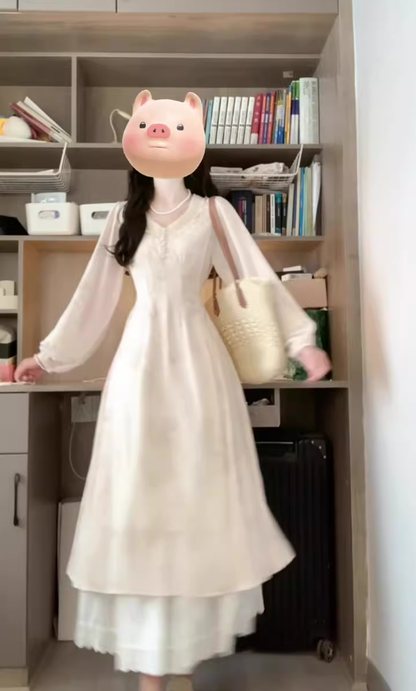 Tea break French style gentle temperament v-neck long-sleeved dress super beautiful waist skirt female R0467