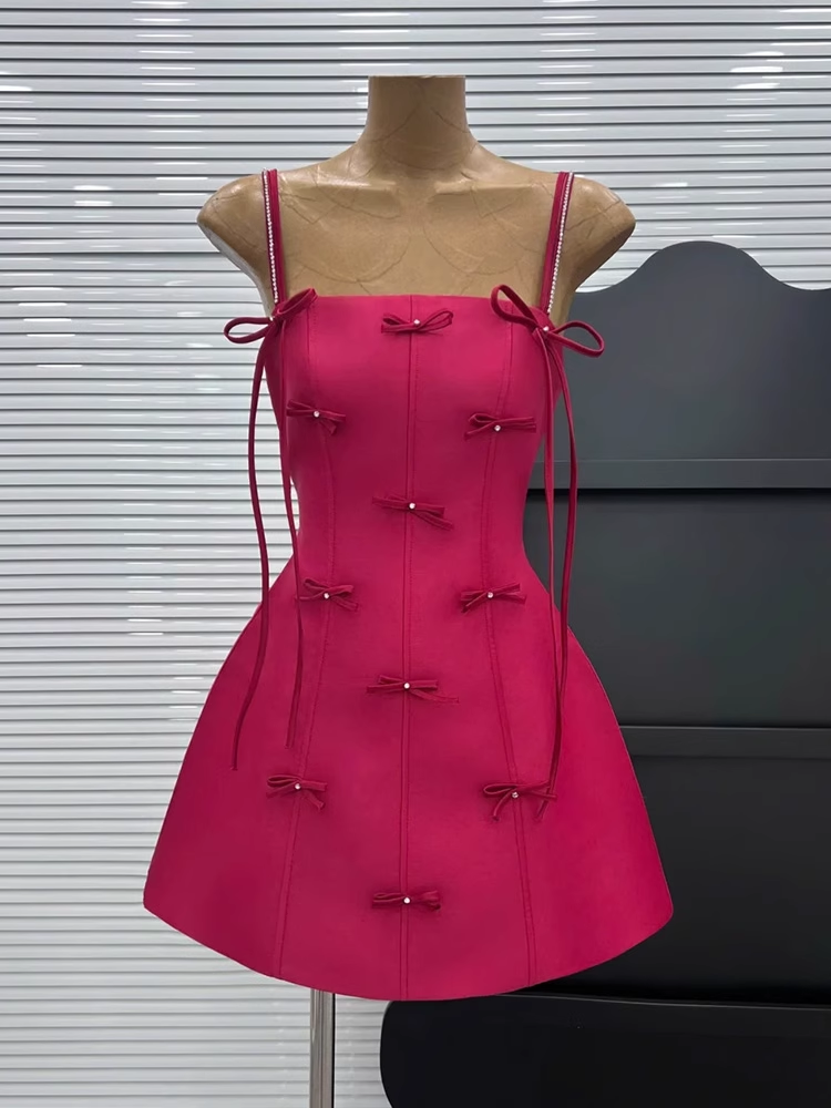 New Rose Pink Spaghetti Strap Bow Design A-line Party Dresses Homecoming Dresses, D1383