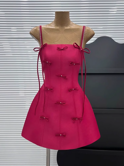 New Rose Pink Spaghetti Strap Bow Design A-line Party Dresses Homecoming Dresses, D1383