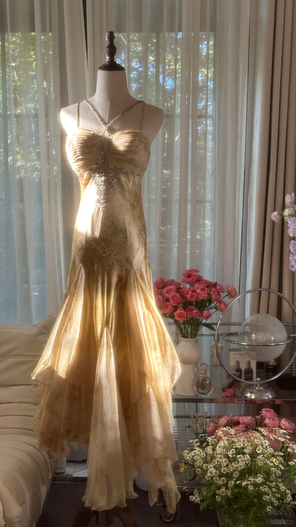 Retro Sweetheart Mermaid Spaghetti Strap Design A-line Romantic Chiffon Evening Dress Prom Dress D1481