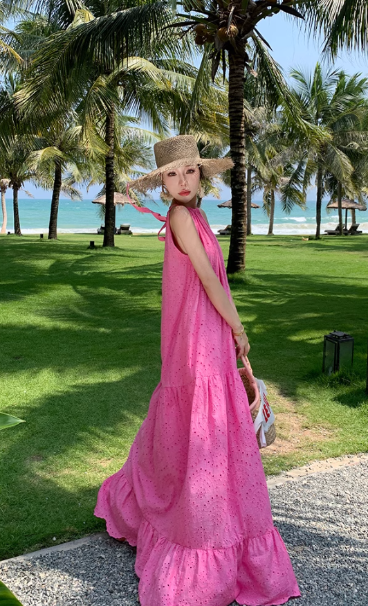French lace hollow rose red sleeveless halter neck temperament long dress holiday style dress R0198