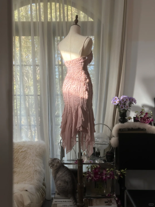 Retro Pink Sparkling Beaded Spaghetti Strap Romantic Chiffon Evening Dress Prom Dresses, D1460