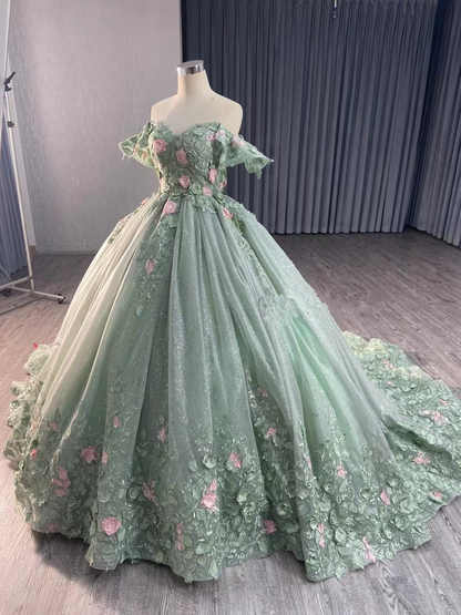 Shiny Green Ball Gown Tulle Appliques Sequins 3D Flower Sweet 16 Dress Prom Dress  cc1617