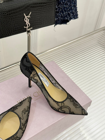 Jimmy Choo Classic Lace 65mm Pointed-Toe High Heels Black Sheepskin 573532