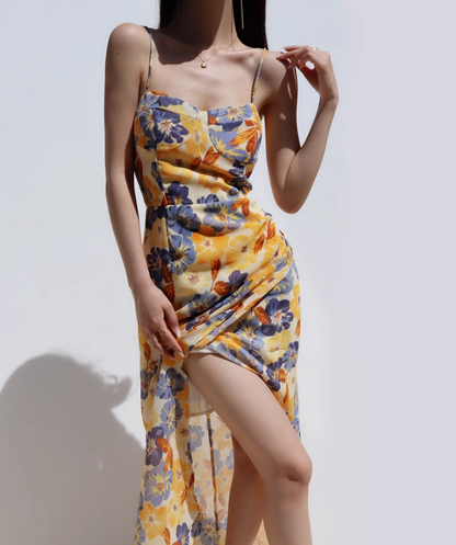 French retro slim fit dress with side slit and waist cinching for slimming effect, long suspender dress R2867