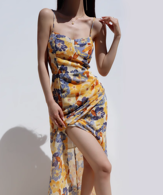 French retro slim fit dress with side slit and waist cinching for slimming effect, long suspender dress R2867