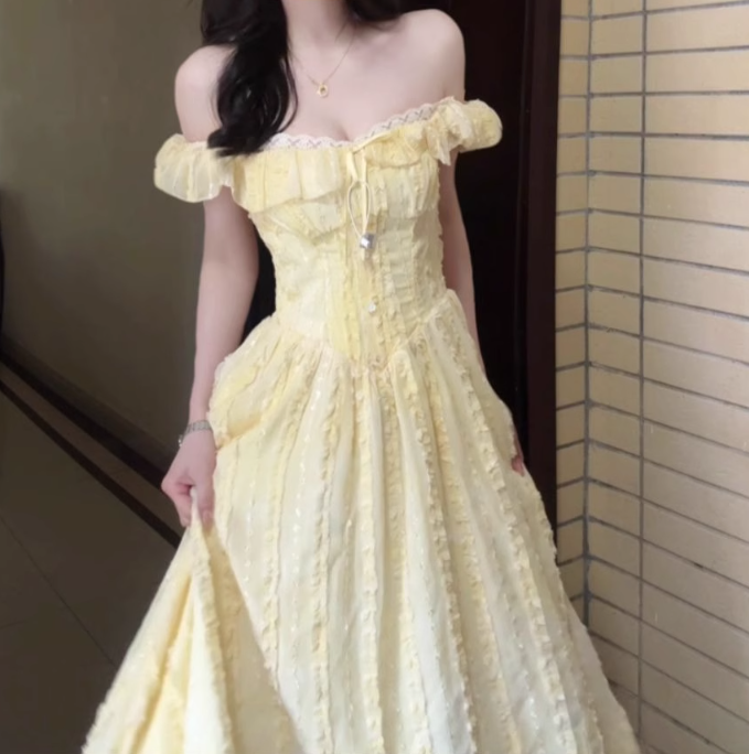 Gentle style yellow one-shoulder dress, beautiful waist temperament long dress R0815