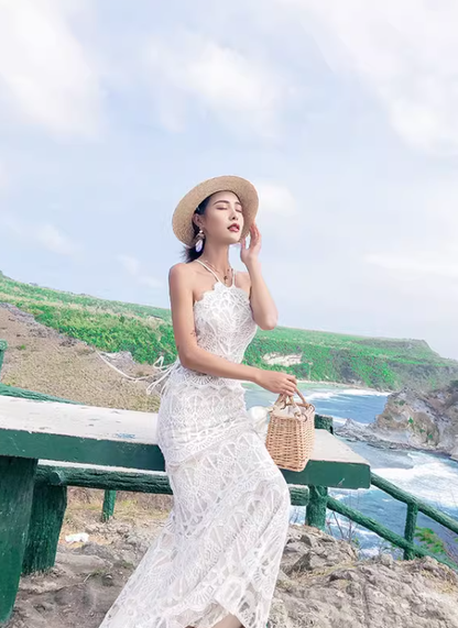 Lace Embroidery Halter Neck Dress Holiday Slim Fit Long Dress Backless Fishtail Beach Dress Women R0185