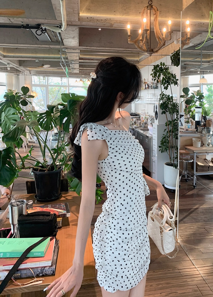 French polka dot irregular shoulder dress summer new temperament short skirt R4221