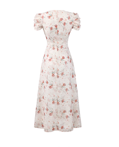 Begonia floral V-neck dress new French gentle puff sleeve temperament design long dress R0117