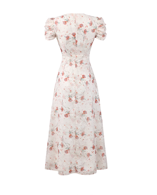 Begonia floral V-neck dress new French gentle puff sleeve temperament design long dress R0117