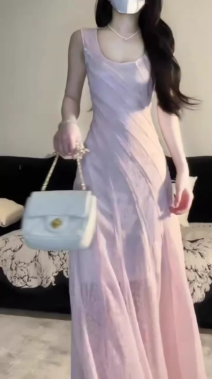 Design pure desire pink vest dress 2025 new seaside vacation gentle temperament slim long skirt R0476