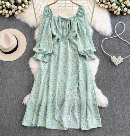 Gentle style long sleeves square neck waist slimming slit A-line print dress elegant long skirt R0355