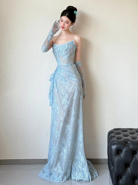Blue Lace Mermaid Long Prom Dress Sexy Evening Dresses With Side Split   fg7665
