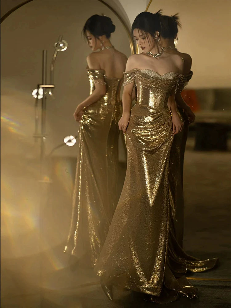 Mermaid Gold Long Prom Dress Sexy Off Shoulder Evening Dresses   fg7664