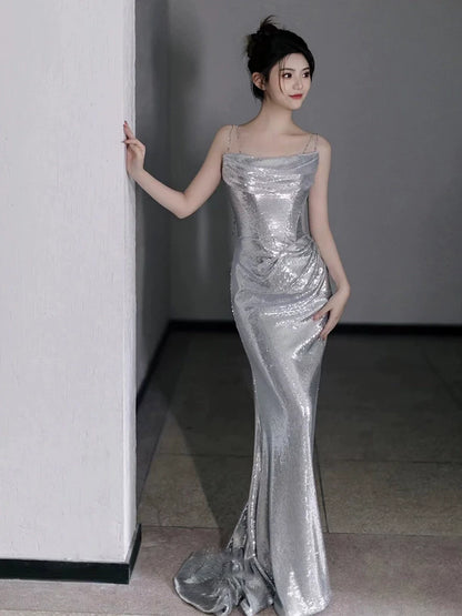Silver Sequin Mermaid Long Prom Dress Sexy Evening Dresses   fg7666