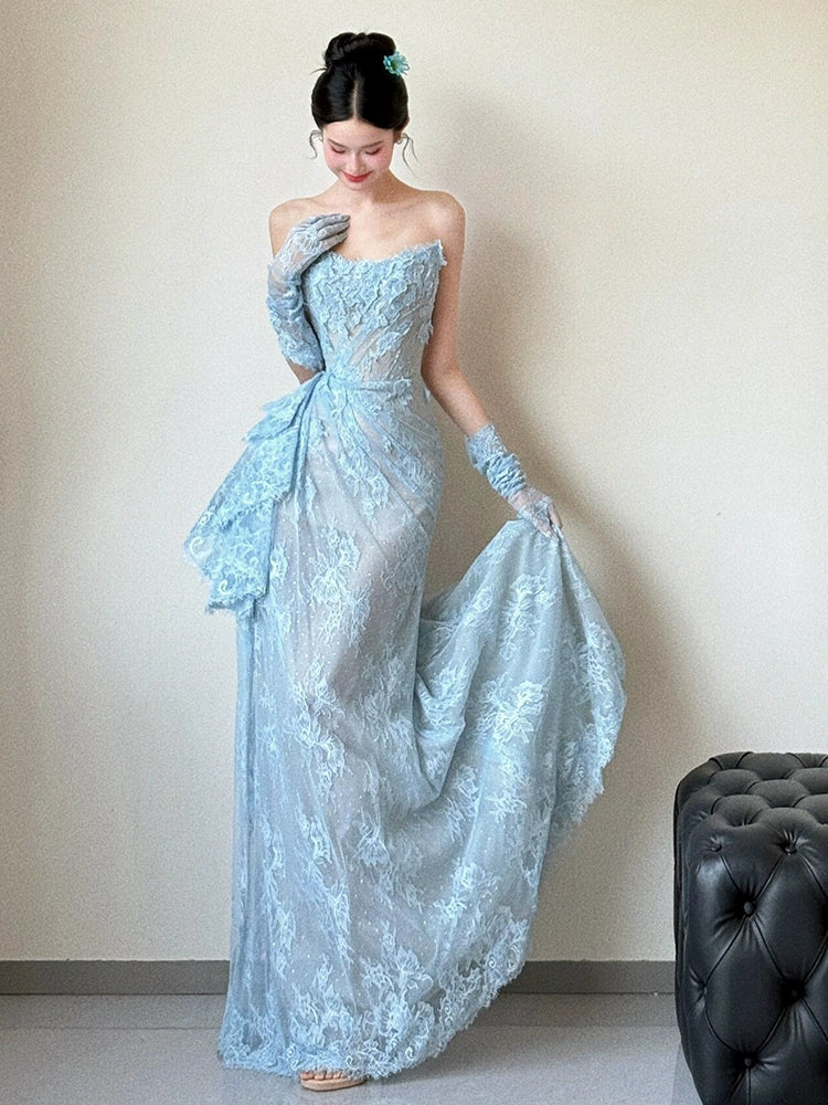 Blue Lace Mermaid Long Prom Dress Sexy Evening Dresses With Side Split   fg7665