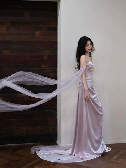 Lilac Elegant Evening Gowns Off Shoulder Long Prom Dress     S7218