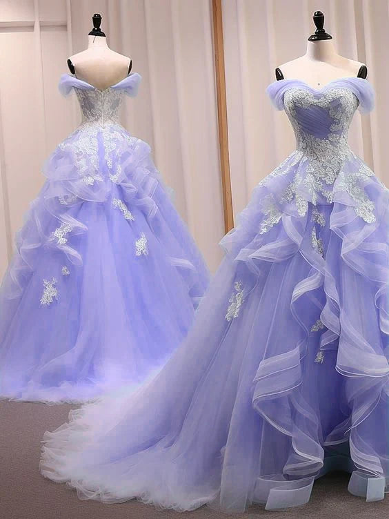 A-Line Sweetheart Neck Off Shoulder Tulle Lace Blue Long Prom Dress, Blue Sweet 16 Dress   fg5338