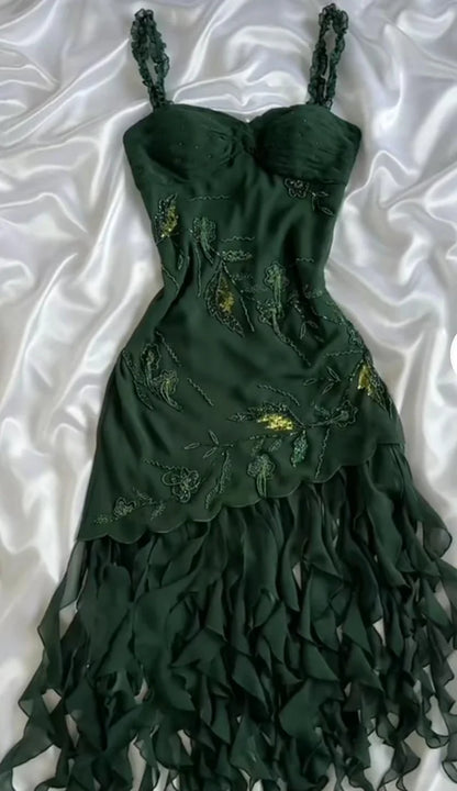Dark Green Chiffon Ruffle Prom Dress Formal Dress Evening Party Dresses  fg7783