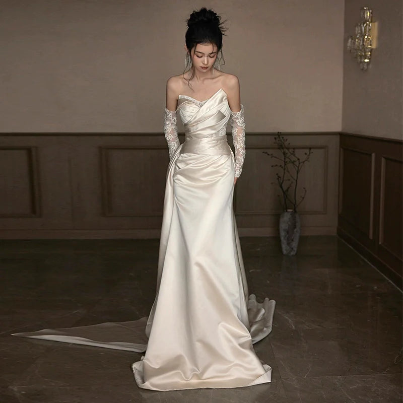 Sexy Lace Strapless Wedding Dresses Long Bridal Gown      S7207